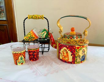 Hand Painted Indian Rajasthani Tea Kettle with Painted Cutting Chai Glasses without GlassHolder