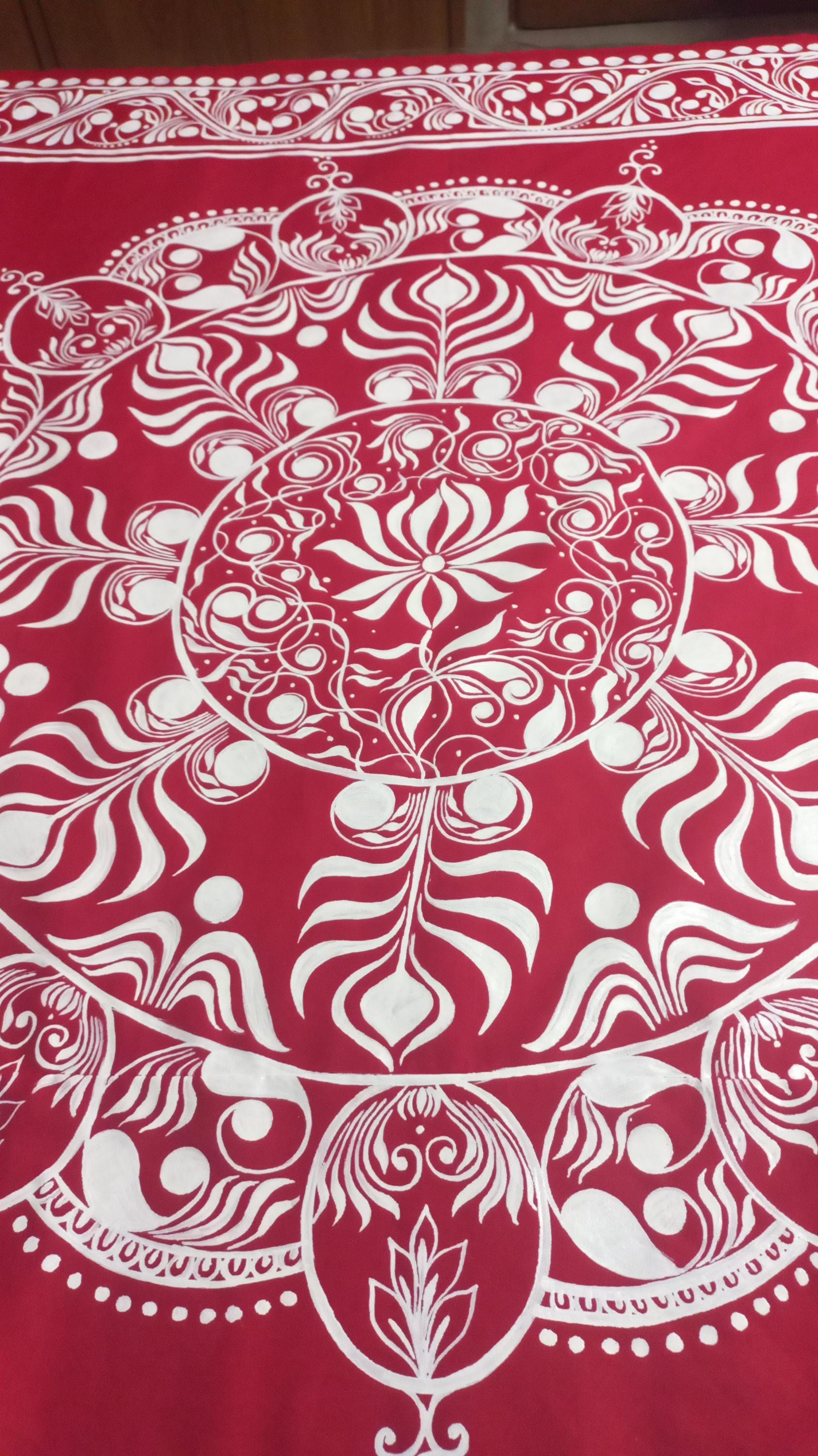 Hand Painted Red Kolka Alpona Art Backdrop, Indian Festive Wedding