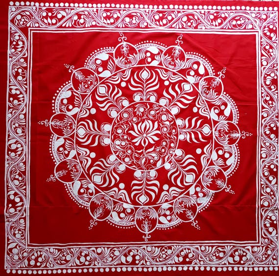 Hand Painted Red Kolka Alpona Art Backdrop, Indian Festive Wedding
