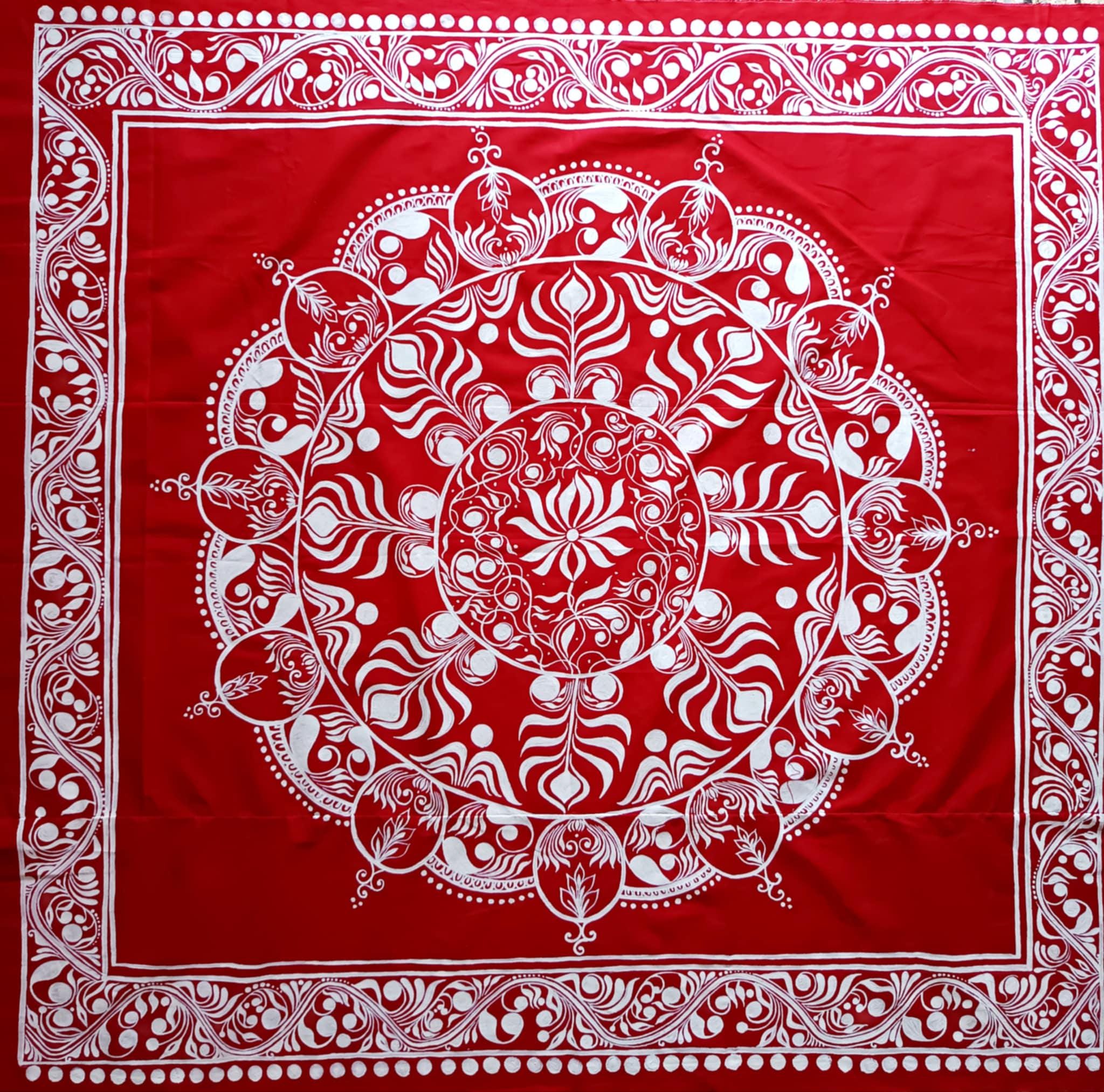 Hand Painted Red Kolka Alpona Art Backdrop, Indian Festive Wedding