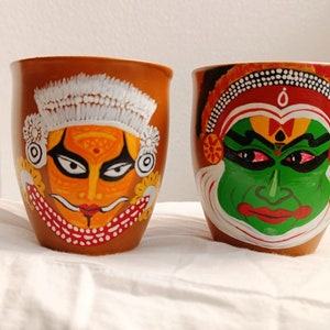 Kerala Art Handpainted Kulhad set of 2 without handle, Kathakali Painting, Theyyam, Kerala Painting, South India Art, Kerala Gift, Onam Gift