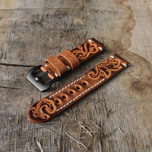 Leather Watch Strap 18mm 20mm 22mm 24mm Handmade Tooled Embossed Leather Watch Band Black Yellow Red Orange Watchband Personalized Watchband
