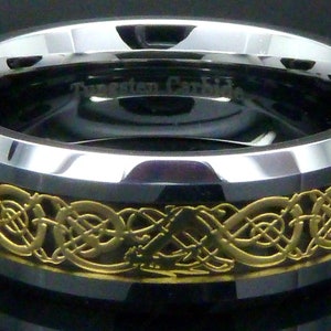 Mens Tungsten Carbide Ring Gold Celtic Dragon on Black Carbon Fiber Wedding Bevelled Edge Band