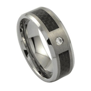 Mens Tungsten Carbide Ring Black Carbon Fiber Band & CZ Stone Wedding 8mm