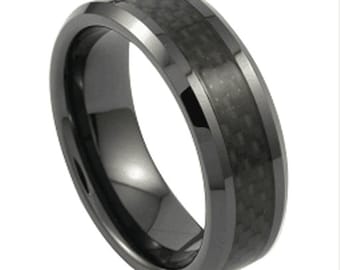 Mens Tungsten Carbide Ring Black Carbon Fiber & Black Wedding  Band 8mm