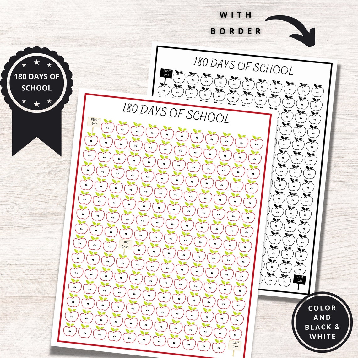 180 Days of School Printable Tracker, Back to School, for Teachers and Students, Curriculum