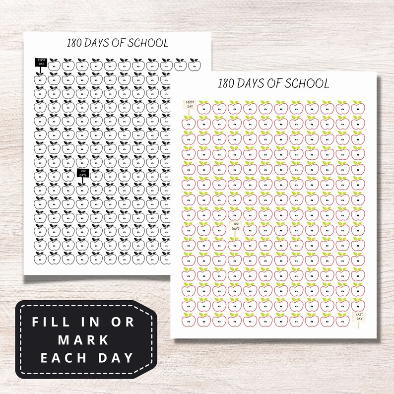180 Days of School Printable Tracker, Back to School, for Teachers and