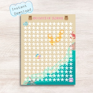 May include: A printable 180 days of school chart with a beach theme. The chart features a tan background with white stars, a blue ocean wave, and a yellow sun. The text "180 Days of School" is at the top of the chart. There are also stickers for the first day, 100th day, and last day of school.