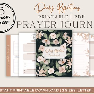 May include: Printable PDF prayer journal with 45 pages. The cover features a floral design with pink flowers and green leaves on a dark background. The title "Daily Reflections Prayer Journal" is in a gold frame.