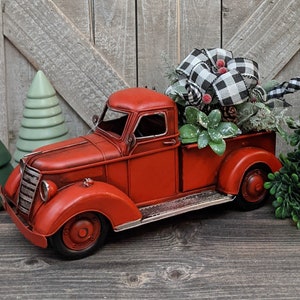 Red Vintage Metal Truck Farmhouse Christmas Bow Rustic Decoration Gift Centerpiece Table Decor Farm Truck Fancy Bow Tabletop Red Metal Truck