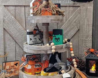 Halloween Tiered Tray Decor | Halloween Beaded Garland | Halloween Mini Sign | Halloween Lantern | Broom, Pumpkin, Candy Corn, Witch, Oct 31