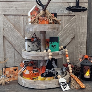 Halloween Tiered Tray Decor | Halloween Beaded Garland | Halloween Mini Sign | Halloween Lantern | Broom, Pumpkin, Candy Corn, Witch, Oct 31