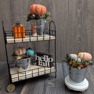 Pumpkin Bucket Arrangements | Fall Tiered Tray Decor | Autumn Harvest | Rustic Farmhouse | Shelf Sitters |  Thanksgiving Halloween | Kitchen