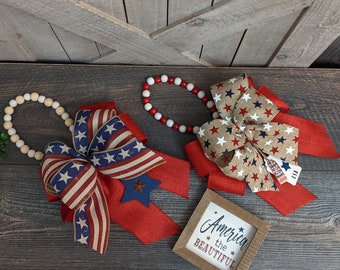 Fourth of July Wood Beaded Garland With Bow & Choose Your Tag, Patriotic Door Hanger | 4th of July Tiered Tray Bead Loop | Independence Day