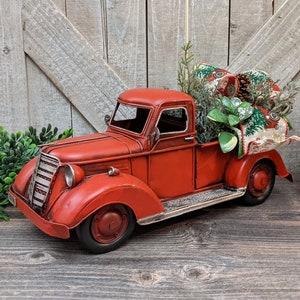 Red Vintage Metal Truck Farmhouse Christmas Bow Rustic Decoration Gift Centerpiece Table Decor Farm Truck Fancy Bow Tabletop Red Metal Truck