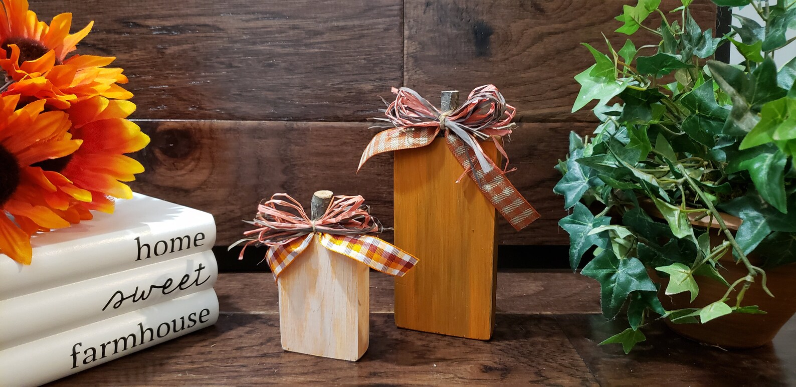 Wood Pumpkin Set of 2 Fall Decor Autumn Rustic Farmhouse Thanksgiving ...