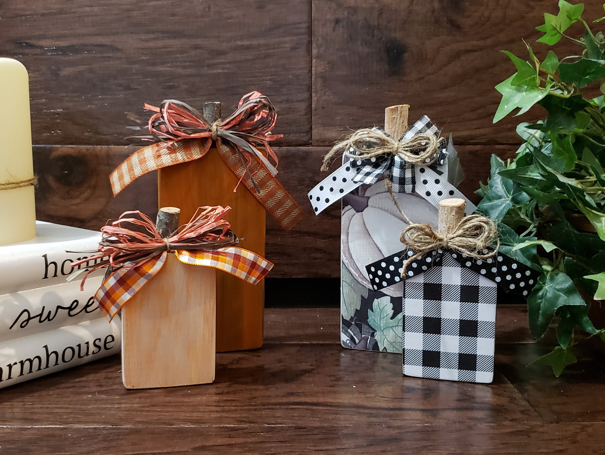 Wood Pumpkin Set of 2 Fall Decor Autumn Rustic Farmhouse Thanksgiving ...