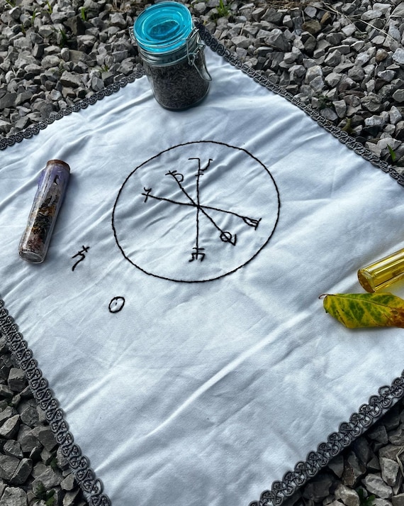 Altar Cloth hand embroidered for green witchcraft Icelandic tradition magic symbolism