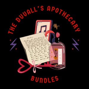Può includere: Un'illustrazione grafica su sfondo nero con il testo THE DUVALL'S APOTHECARY BUNDLES in rosso. Il design include una lettera scritta a mano, una chiave rossa a forma di cuore con un nastro rosa, un lettore musicale e una bottiglia con l'etichetta LOVE.