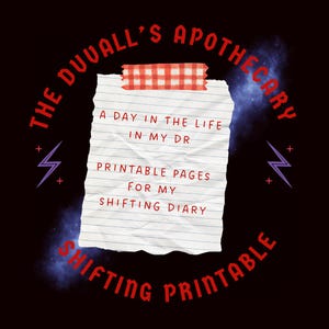 Può includere: Un design stampabile digitale con il testo "The Duvall's Apothecary" in un layout circolare. Il design presenta un pezzo di carta a righe strappato con il testo "A Day in the Life in My DR" e "Printable Pages for My Shifting Diary."