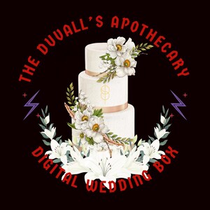 Può includere: Una torta bianca a tre piani adornata con fiori bianchi e verde, con un nastro dorato attorno al piano centrale. Il testo "THE DUVALL'S APOTHECARY DIGITAL WEDDING BOX" è in rosso su sfondo nero.