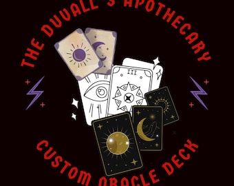 May include: A graphic design featuring the text THE DUVALL'S APOTHECARY CUSTOM ORACLE DECK in red letters arranged in a circle. The center displays a collection of oracle cards with illustrations of suns, moons, and eyes on black and white backgrounds.
