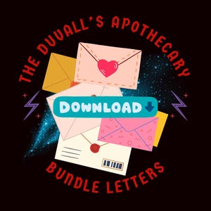 Può includere: Un download digitale per un set di lettere stampabili con un design fantasioso. Le lettere sono in un pacchetto e presentano un'estetica vintage con un cuore, stelle e fulmini. Il testo sull'immagine recita "The Duvall's Apothecary Bundle Letters Download".