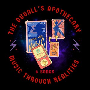 Può includere: Grafica in stile retrò con il testo "The Duvall's Apothecary" e "Music Through Realities". Presenta un lettore MP3 rosso, tre poster e le parole "Express with Music", "Dance for Life" e "Moving Tones".
