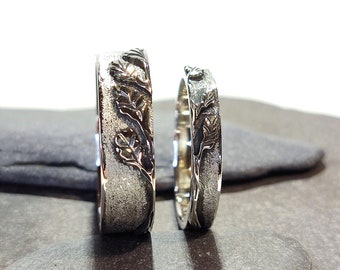 Sterling Silver Wedding Ring Set, his and hers wedding bands, oak branch wedding ring, textured and oxidised, handmade wedding rings