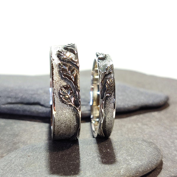 Sterling Silver Wedding Ring Set, his and hers wedding bands, oak branch wedding ring, textured and oxidised, handmade wedding rings