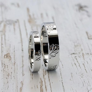 Hand Engraved Oak Leaf Wedding Ring Set, handmade in Scotland with recycled sterling silver.