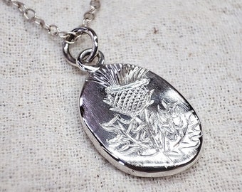 Recycled Sterling Silver Thistle Pendant, hand engraved, brush finish, handmade with recycled sterling silver.