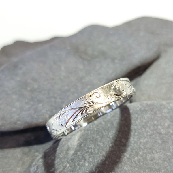 Scroll Engraved Silver Band, handmade with recycled sterling silver, hand engraved wedding ring, handmade in Scotland.