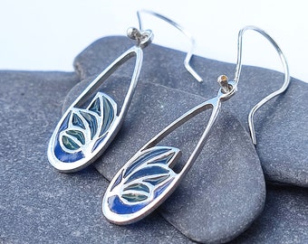 Sterling Silver Leaf Earrings, silver drop earrings, plique a jour earrings, green earrings, made in Scotland.