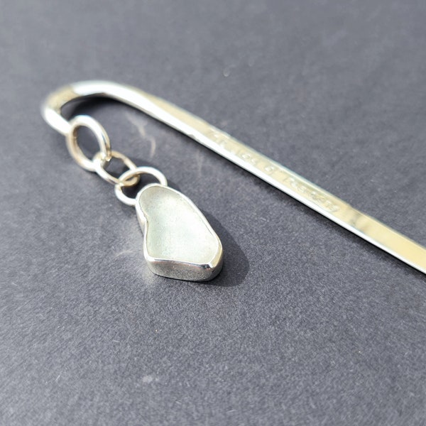 Sterling Silver Hook Bookmark, with white sea glass charm, The joy of reading hand engraved, high polish, hand made in Scotland