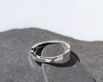 Silver Hammered Angular Stacking Ring, handmade with recycled sterling silver, high polish finish, organic ring.