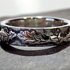 Oak Leaf Ring, hand engraved chunky sterling silver ring, leaf band, textured and oxidised wide band, handmade in Scotland