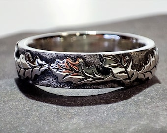 Oak Leaf Ring, hand engraved chunky sterling silver ring, leaf band, textured and oxidised wide band, handmade in Scotland