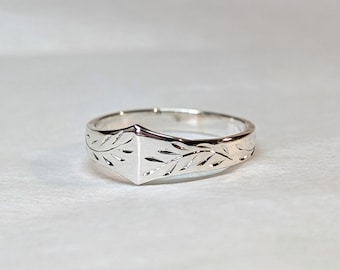 Handmade Engraved Olive Branch Ring: Recycled Sterling Silver