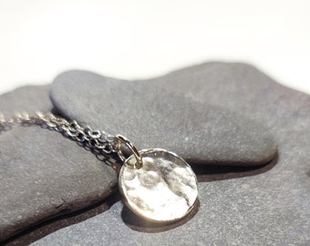 Small Silver Disc Layering Pendant, hammered and high polish finish, circular pendant gift for her, handmade in Scotland