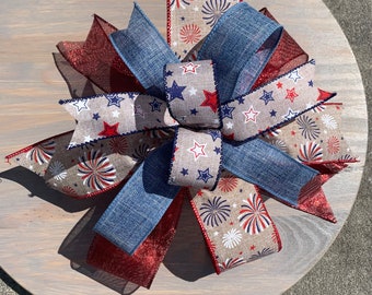 Red White Blue Patriotic Bow, Stars and Stripes, Wreath Decor