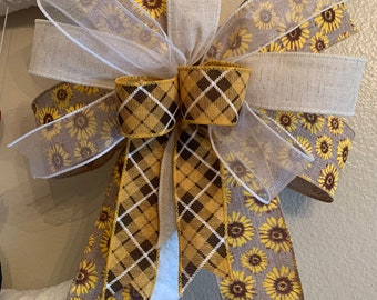 Sunflower Wreath Bow, Rustic Wired Ribbon, Home Decor