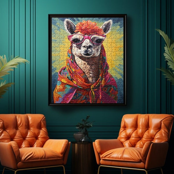 Eccentric Llama Puzzle With Colorful Turban And Sunglasses | Unique Jigsaw Puzzle For Animal Lovers | Whimsical Portrait Puzzle