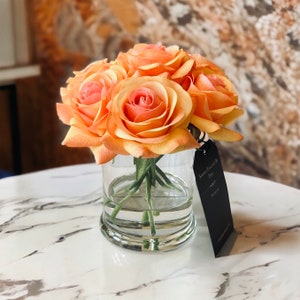 Orange Rose Floral Arrangement,Real Touch Rose Centerpiece, Roses In Faux Water, Realistic Roses, Fall Arrangement