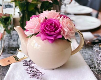 Teapot Arrangement, Real Touch Roses In Faux Water, Rose Floral Arrangement, Mothersday roses