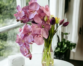 Mothers Day Flowers, Large Tulip Orchid Floral Arrangement, Real Touch Tulip Centerpiece, Orchids In Water