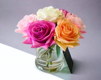 Real Touch Rainbow Rose Bouquet, Roses In Faux Water, Realistic Roses