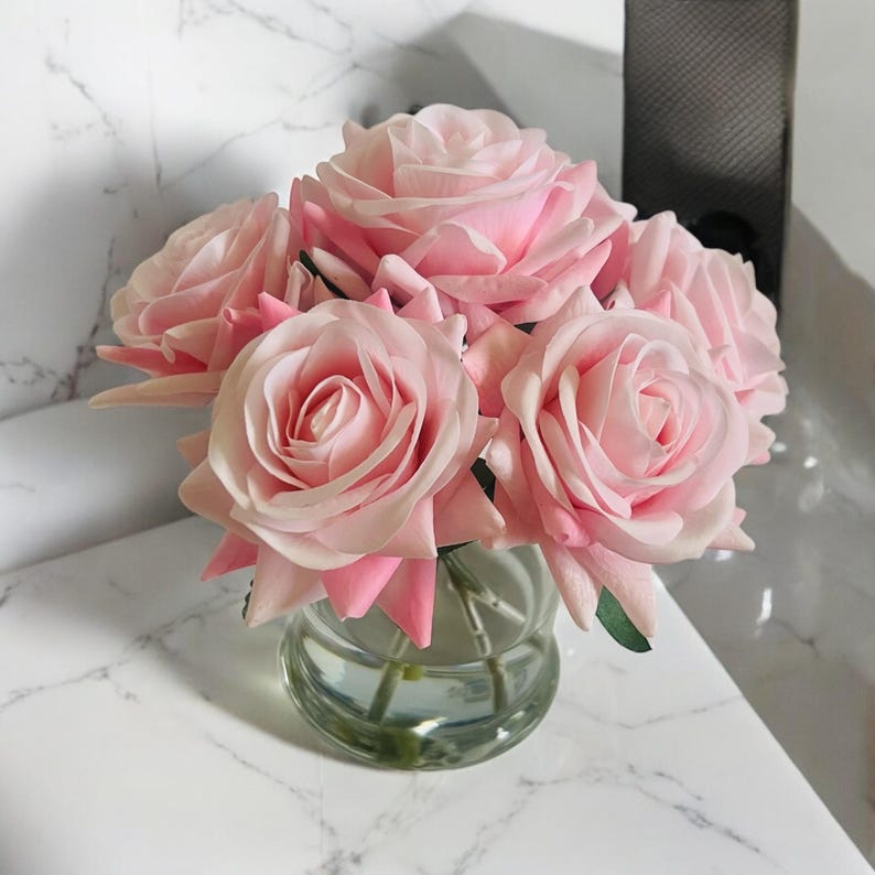 Pink Roes Real Real Touch Pink Rose Bouquet, Roses in Faux Water, Realistic Roses ...