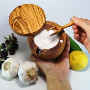 Olive Wood Salt Cellar With Lid and Spoon, Salt Pig/Spice box/Salt Keeper/Salt Pot - BEST SELLER