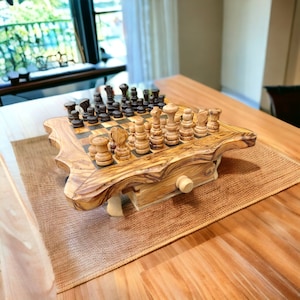 Olive wood chessboard with pieces handcrafted , Christmas gift (+ beeswax + free personalization)